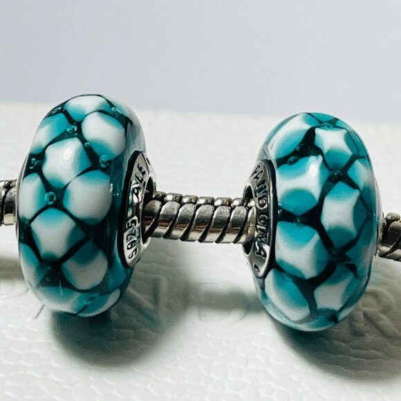Set of 2 Teal Blue Football Pandora Murano Glass Charms Back to School Special - Picture 1 of 2
